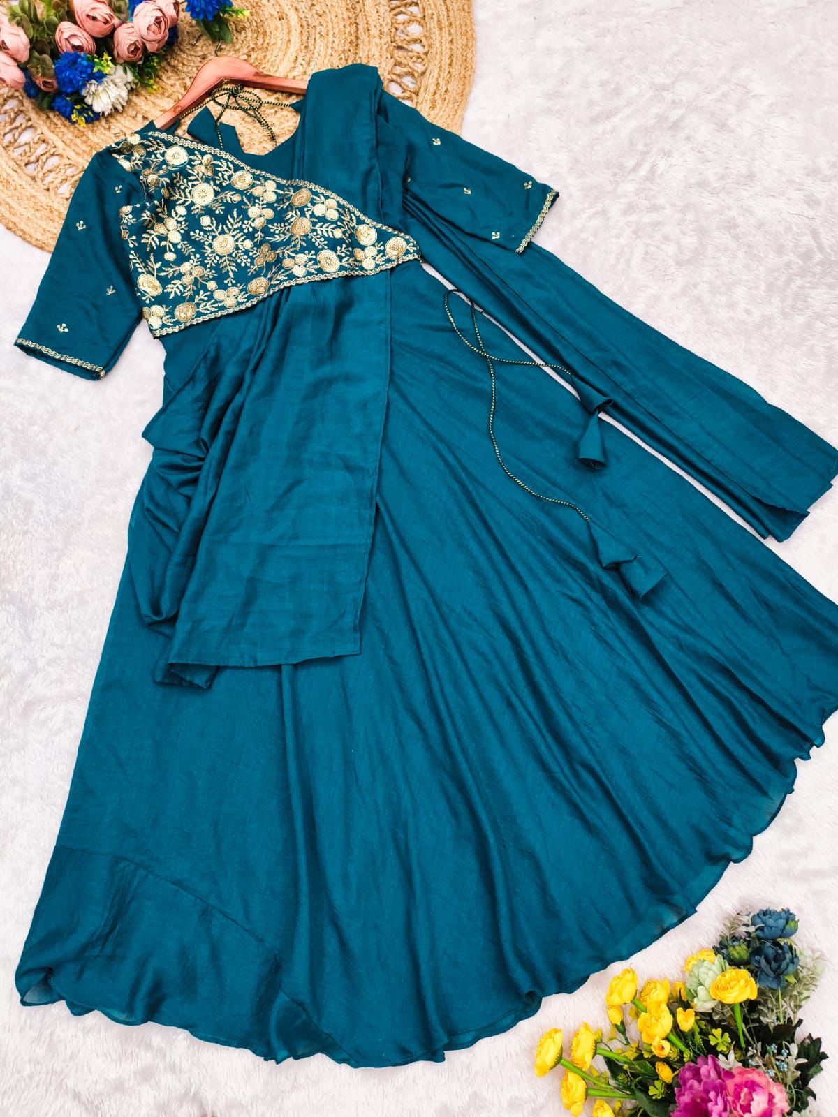 AQUA MEENAKARI PRE-DRAPED SAREE