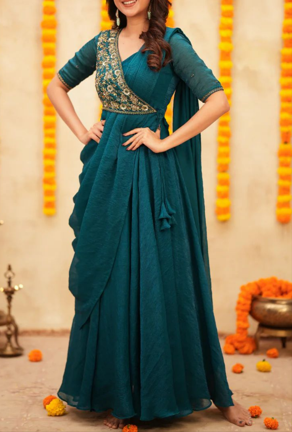 AQUA MEENAKARI PRE-DRAPED SAREE