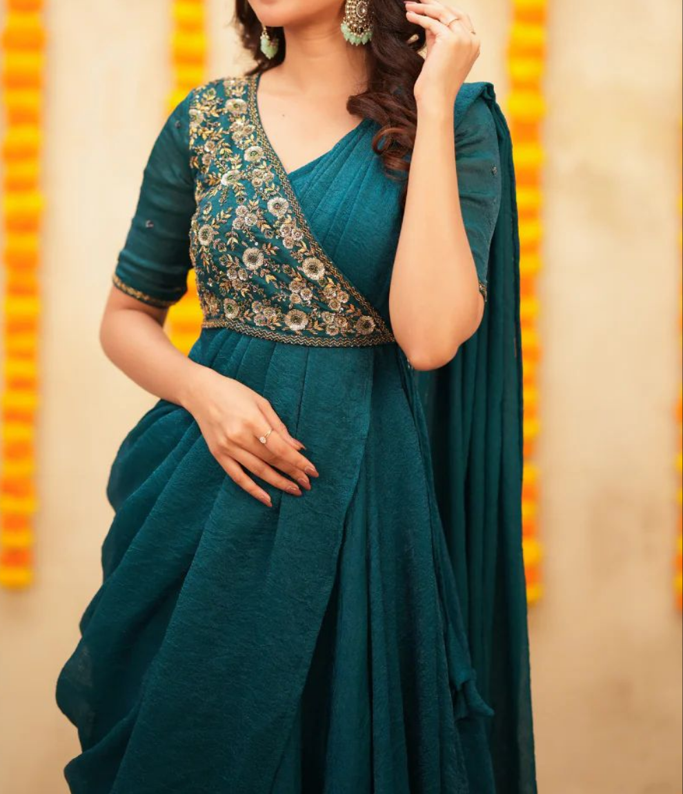 AQUA MEENAKARI PRE-DRAPED SAREE
