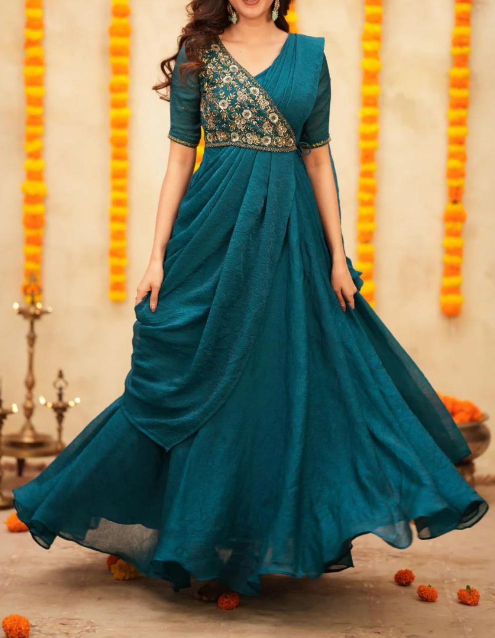 AQUA MEENAKARI PRE-DRAPED SAREE