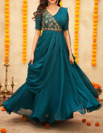 AQUA MEENAKARI PRE-DRAPED SAREE