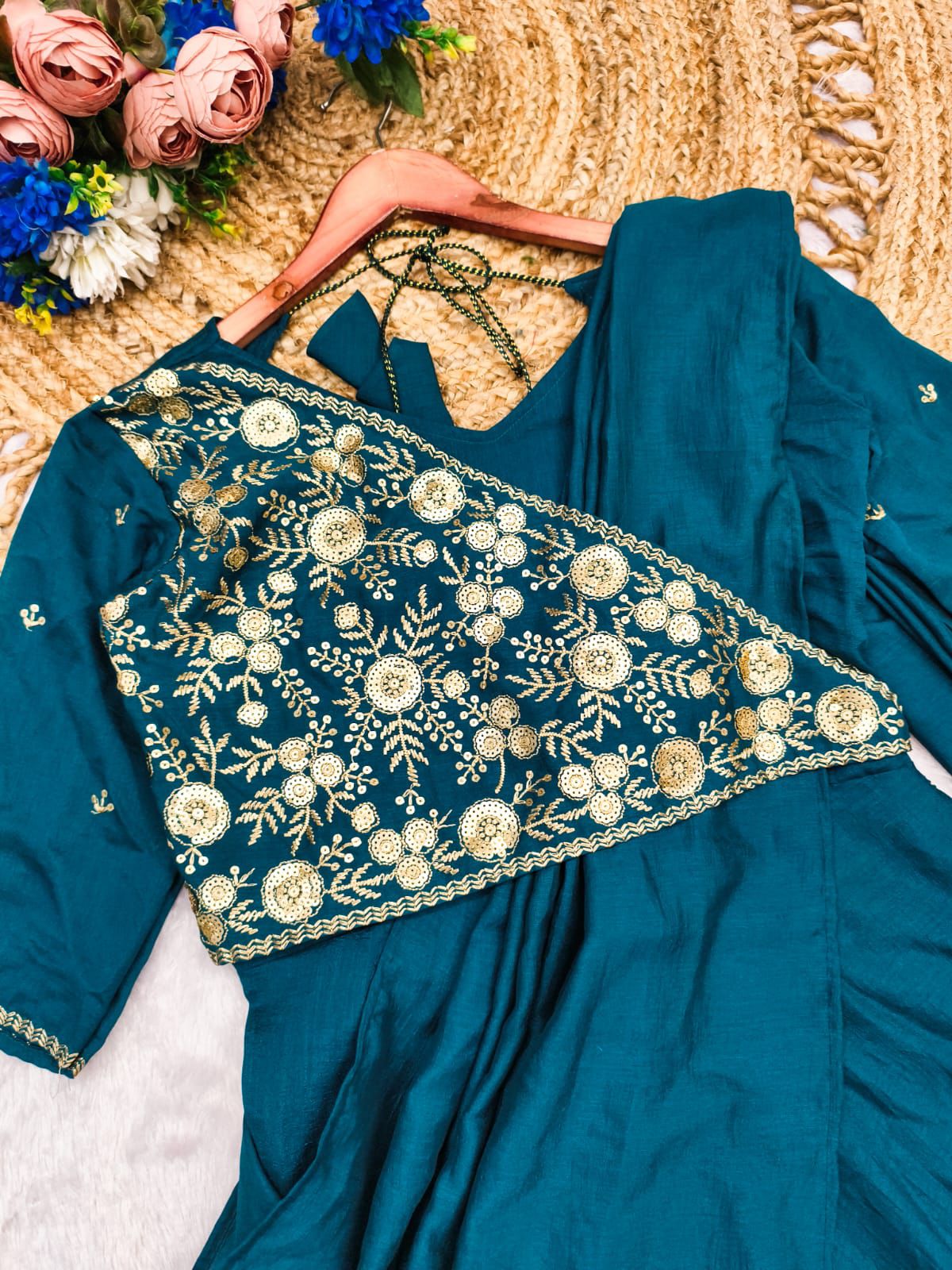AQUA MEENAKARI PRE-DRAPED SAREE
